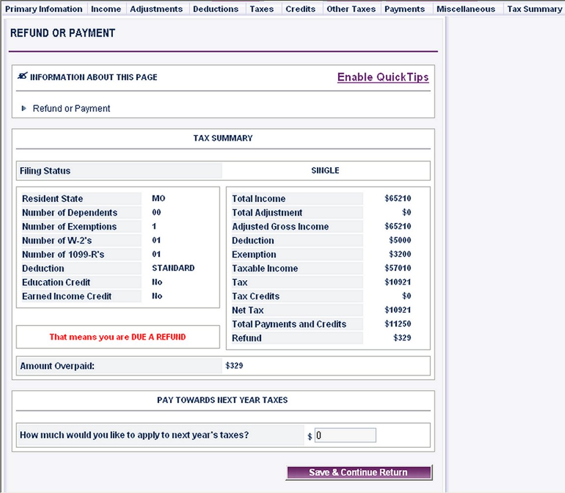 OnLine Taxes Federal Tax Summary